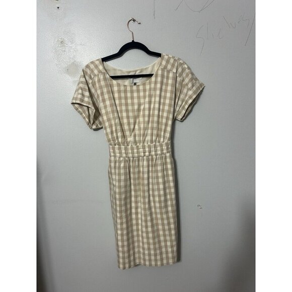 Anthropologie HD in Paris Gingham Print Short Sleeve Belted Dress in Tan Size 4 - Picture 3 of 7